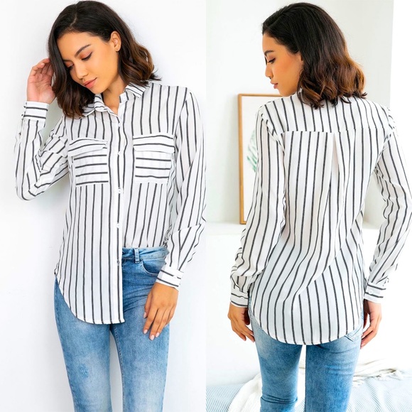 EUC Express Portofino Striped Button-Up Shirt | Black White | Women’s Size XS - Picture 1 of 14